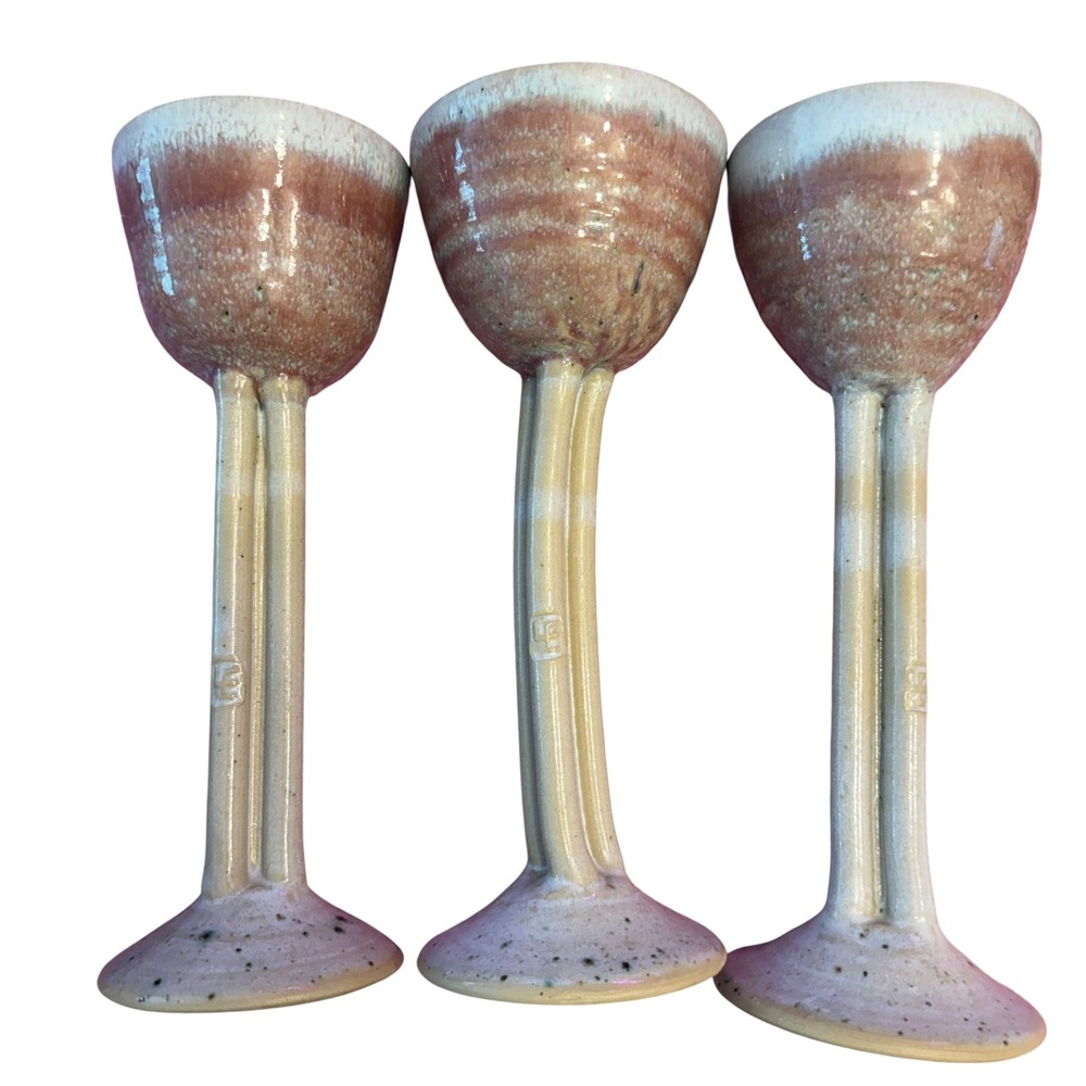 Studio Pottery Wine Goblets Set of 3 Pink Drip Glaze Double Stem Cottagecore OS